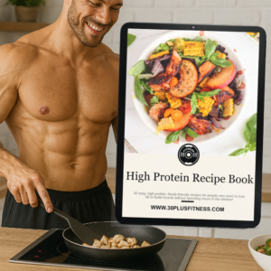 Muscular man cooking diced chicken in a modern kitchen, featuring high-protein recipes from 30 Plus Fitness